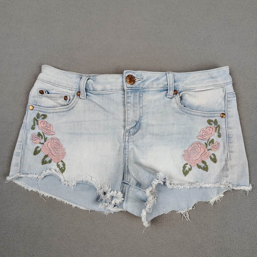 Denim Mini Shorts Women 9 Rose Embroidered Cutoff Stretch Festival‎ Soft Girl